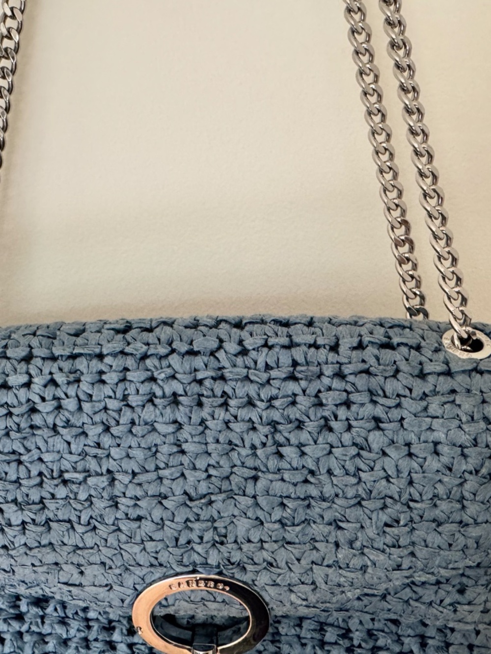 Sandro Raffia YZA Blue Woven Shoulder Bag with Chain Strap - Picture 6 of 14